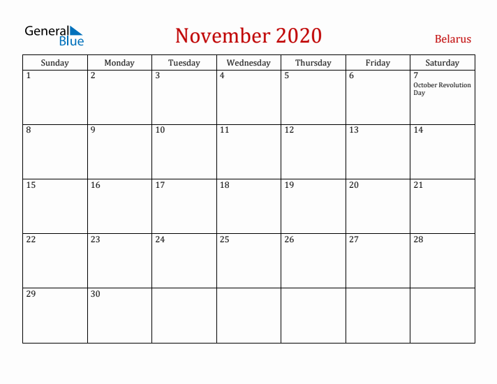 Belarus November 2020 Calendar - Sunday Start