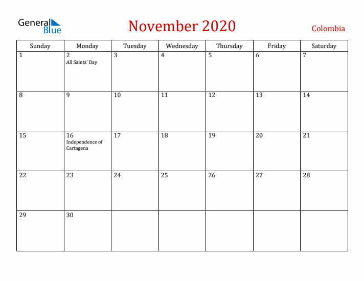 Colombia November 2020 Calendar - Sunday Start