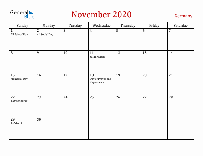 Germany November 2020 Calendar - Sunday Start