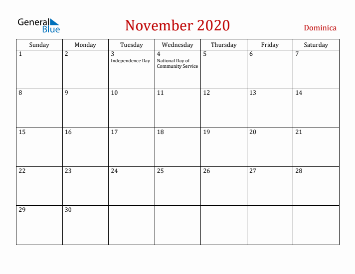 Dominica November 2020 Calendar - Sunday Start