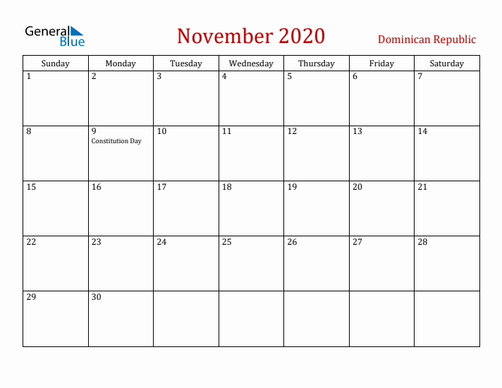 Dominican Republic November 2020 Calendar - Sunday Start