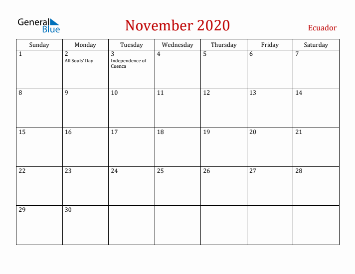 Ecuador November 2020 Calendar - Sunday Start