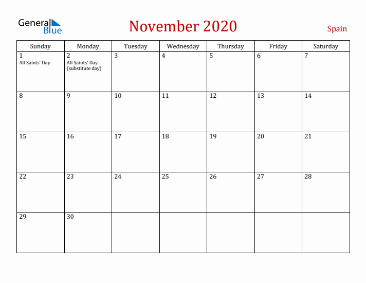 Spain November 2020 Calendar - Sunday Start