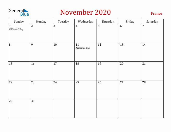 France November 2020 Calendar - Sunday Start