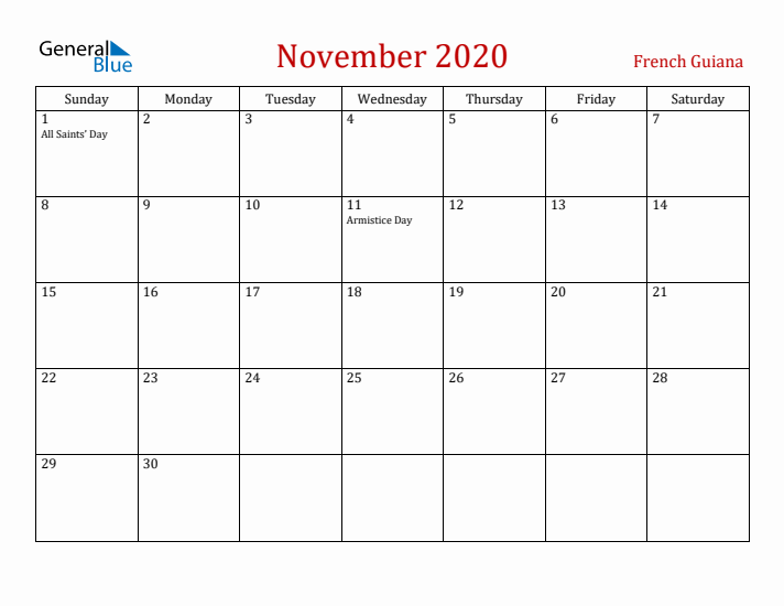 French Guiana November 2020 Calendar - Sunday Start