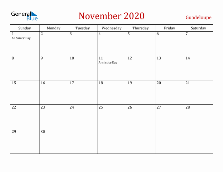 Guadeloupe November 2020 Calendar - Sunday Start