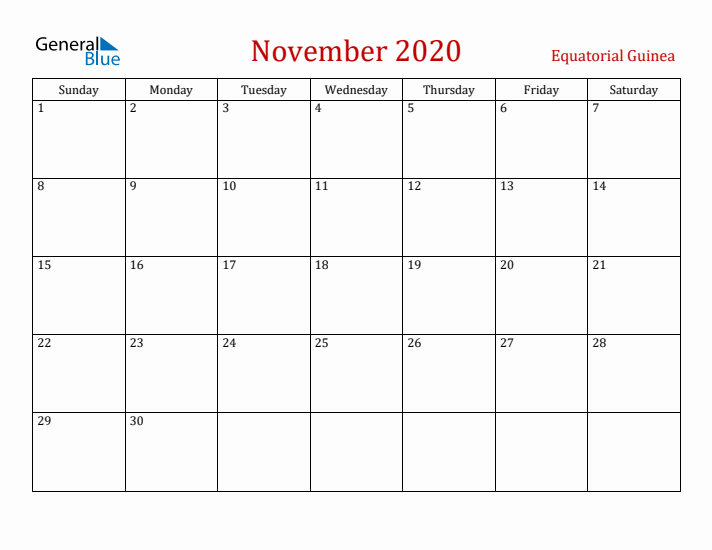 Equatorial Guinea November 2020 Calendar - Sunday Start
