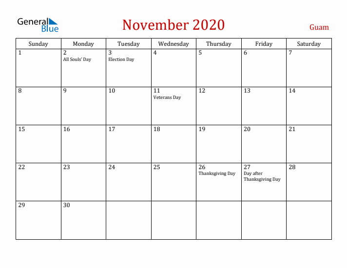 Guam November 2020 Calendar - Sunday Start