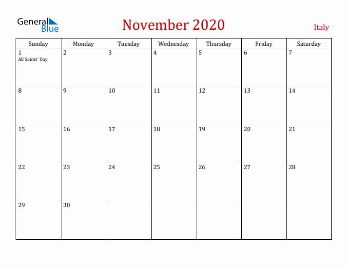 Italy November 2020 Calendar - Sunday Start