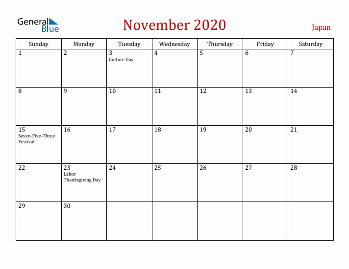 Japan November 2020 Calendar - Sunday Start