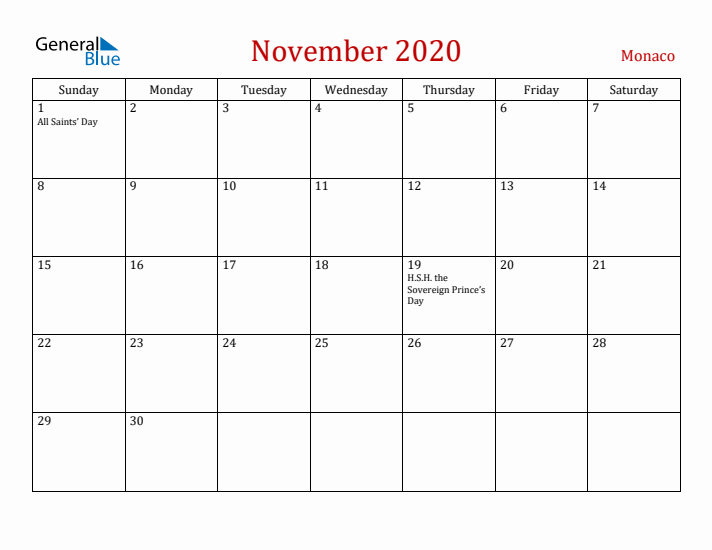 Monaco November 2020 Calendar - Sunday Start