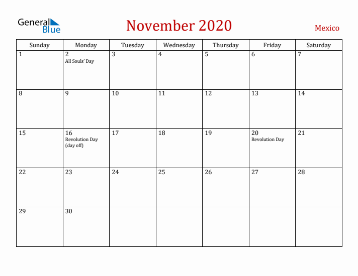 Mexico November 2020 Calendar - Sunday Start