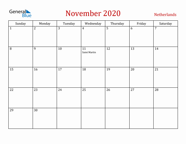 The Netherlands November 2020 Calendar - Sunday Start