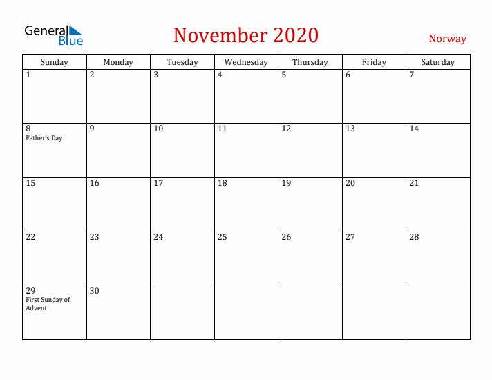 Norway November 2020 Calendar - Sunday Start