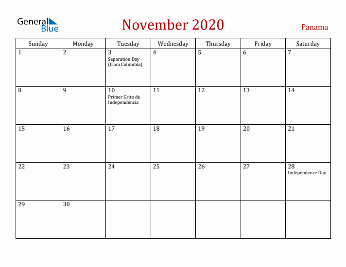 Panama November 2020 Calendar - Sunday Start