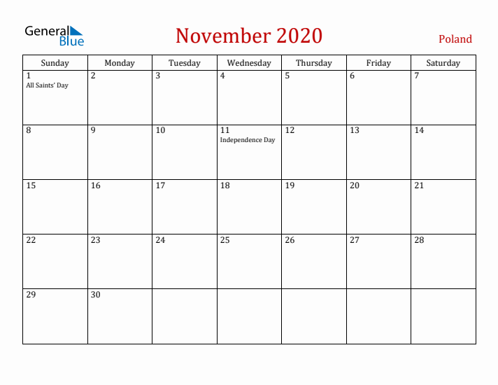 Poland November 2020 Calendar - Sunday Start