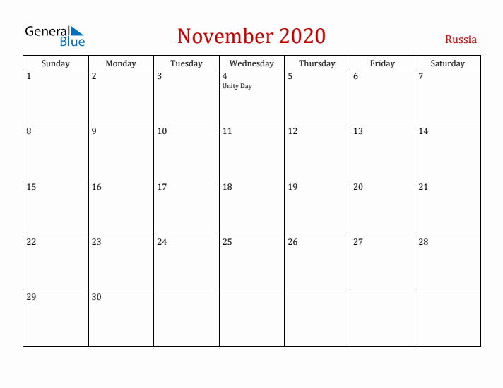 Russia November 2020 Calendar - Sunday Start