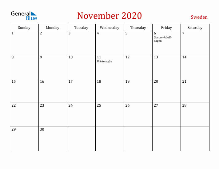 Sweden November 2020 Calendar - Sunday Start