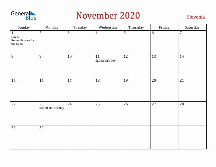 Slovenia November 2020 Calendar - Sunday Start
