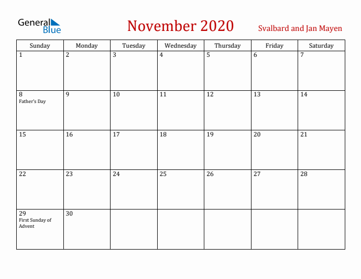 Svalbard and Jan Mayen November 2020 Calendar - Sunday Start
