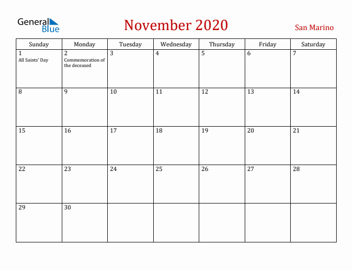 San Marino November 2020 Calendar - Sunday Start