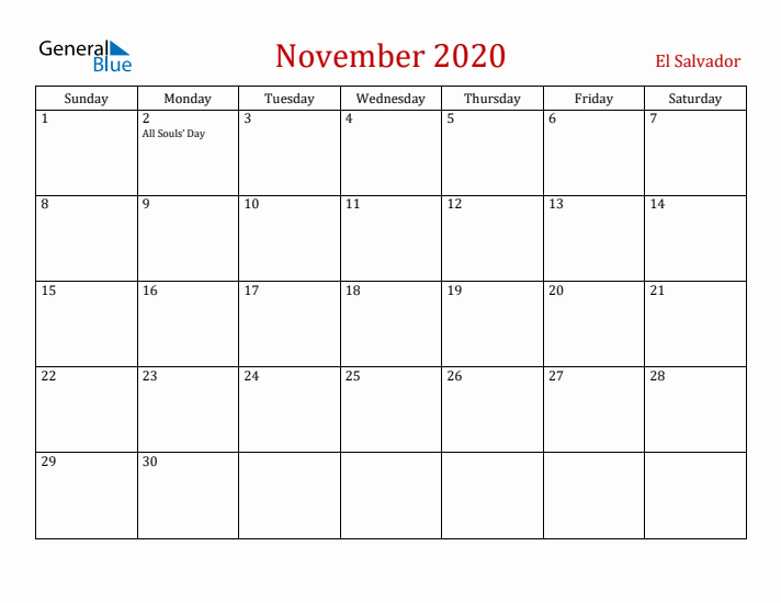 El Salvador November 2020 Calendar - Sunday Start
