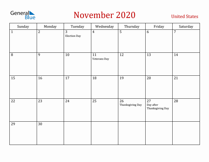 United States November 2020 Calendar - Sunday Start