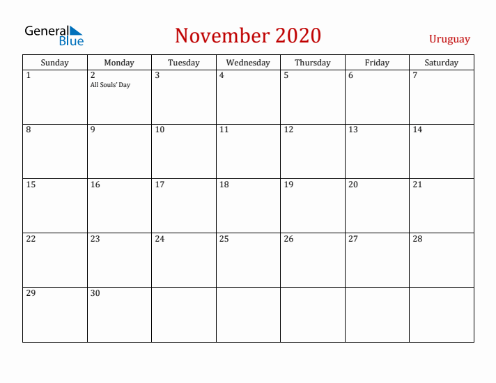 Uruguay November 2020 Calendar - Sunday Start