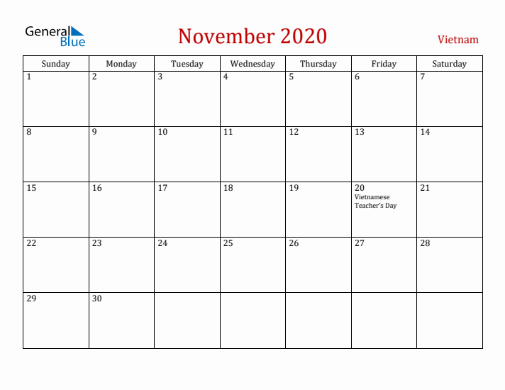 Vietnam November 2020 Calendar - Sunday Start
