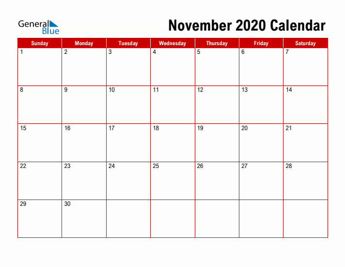 Simple Monthly Calendar - November 2020