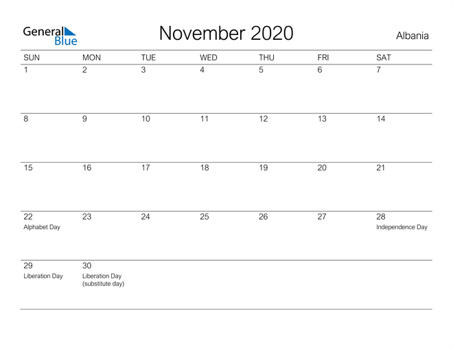 Printable November 2020 Calendar for Albania