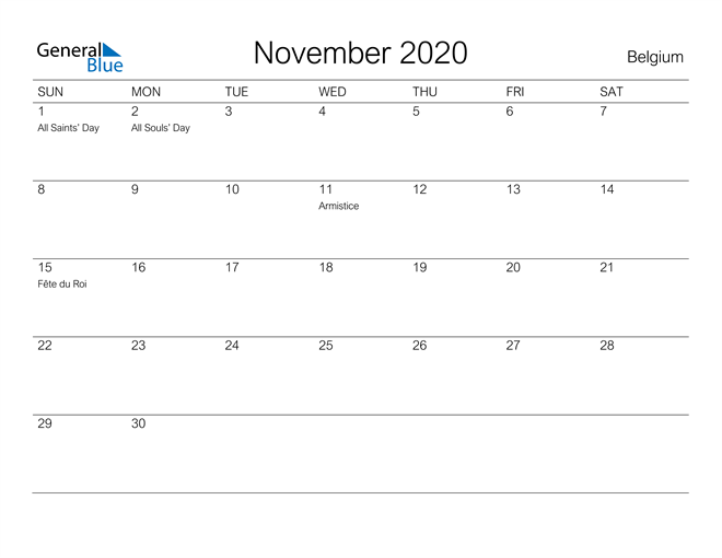 Printable November 2020 Calendar for Belgium