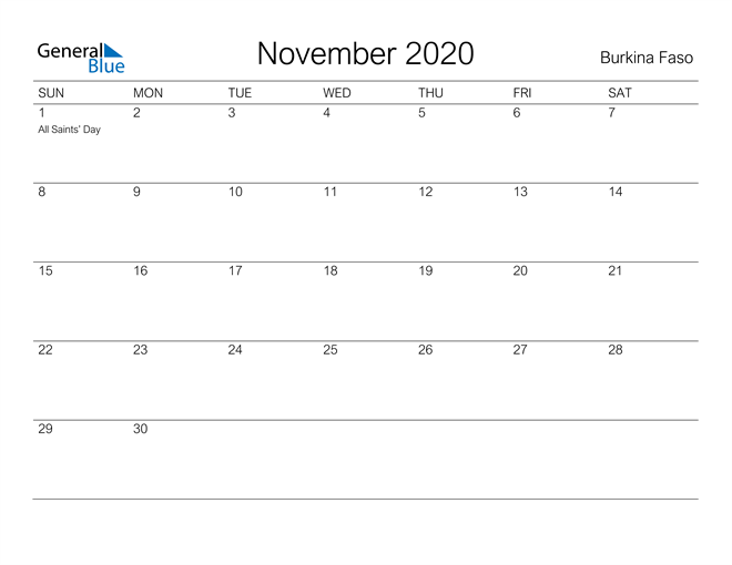 Printable November 2020 Calendar for Burkina Faso