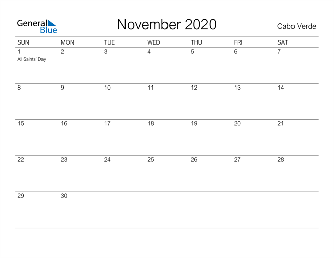 Printable November 2020 Calendar for Cabo Verde