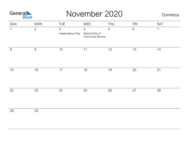Printable November 2020 Calendar for Dominica