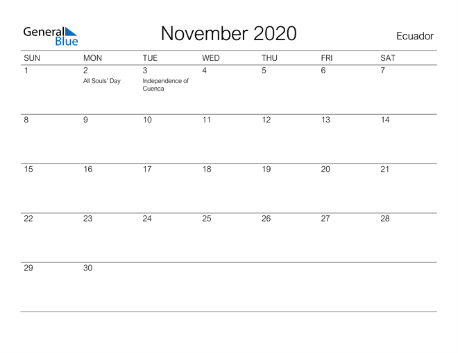 Printable November 2020 Calendar for Ecuador