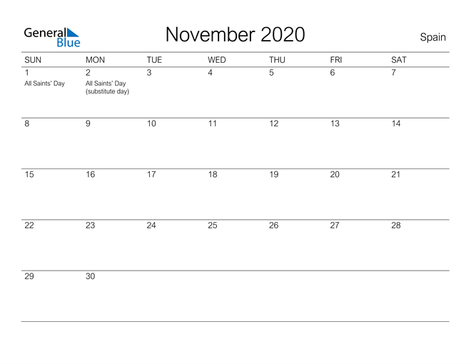 Printable November 2020 Calendar for Spain