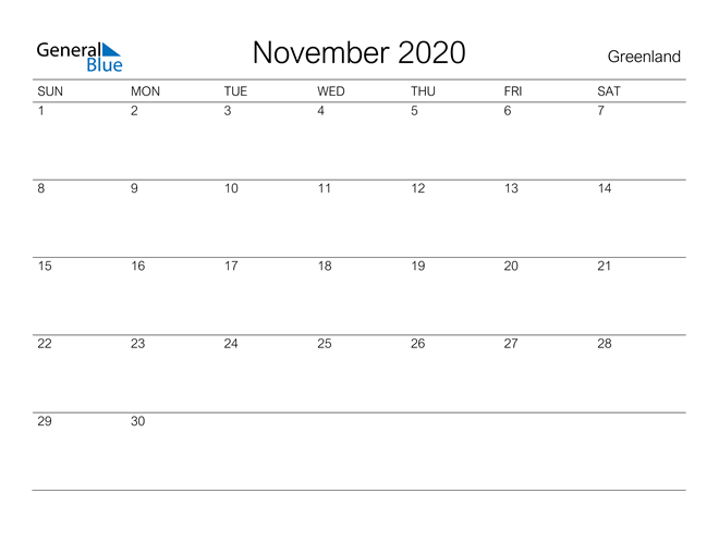 Printable November 2020 Calendar for Greenland