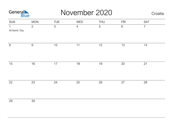 Printable November 2020 Calendar for Croatia
