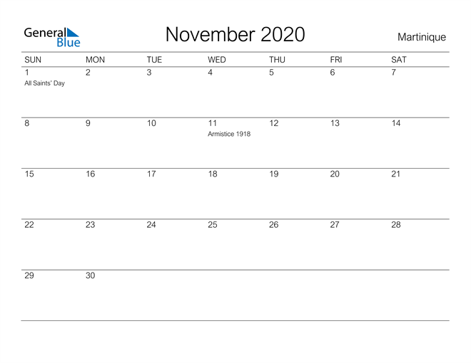 Printable November 2020 Calendar for Martinique