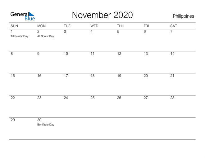 Philippines November 2020 Calendar with Holidays