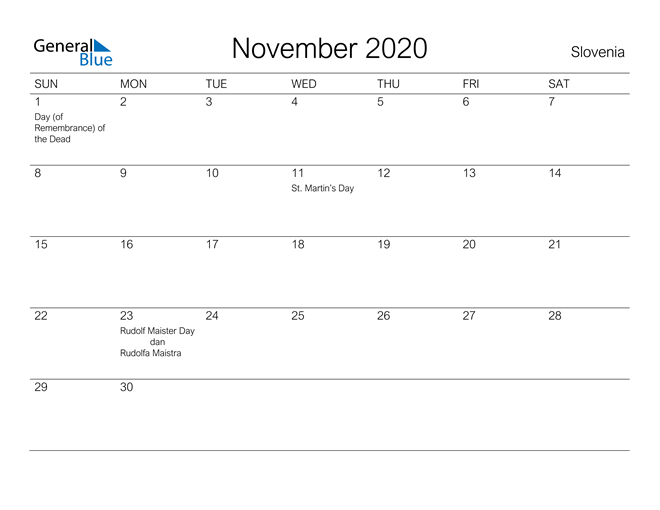 Printable November 2020 Calendar for Slovenia