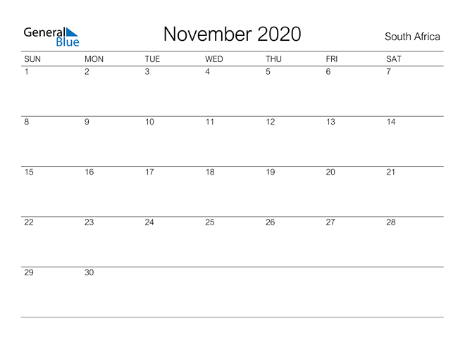Printable November 2020 Calendar for South Africa