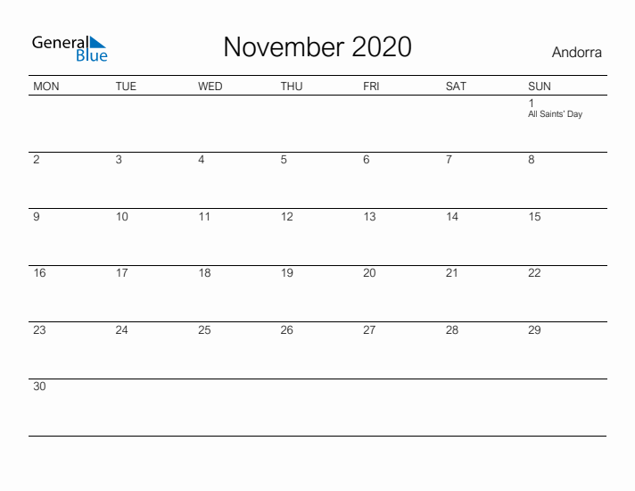 Printable November 2020 Calendar for Andorra