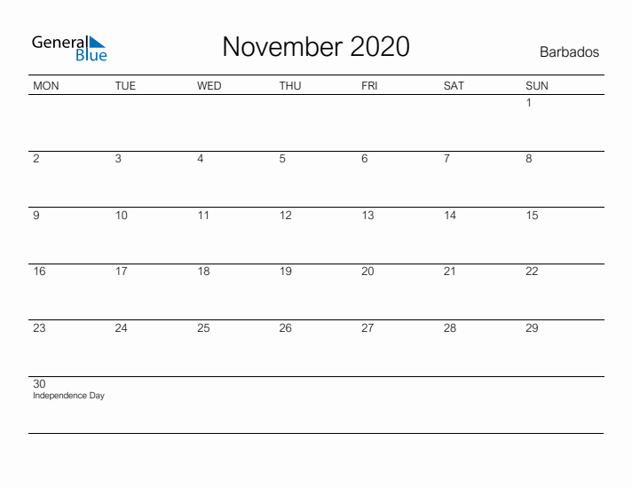Printable November 2020 Calendar for Barbados