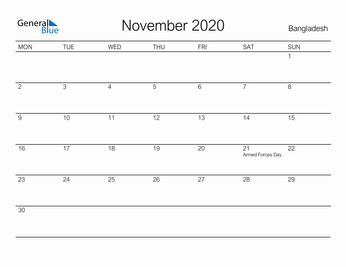 Printable November 2020 Calendar for Bangladesh
