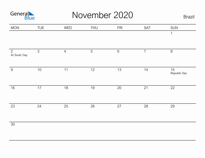 Printable November 2020 Calendar for Brazil