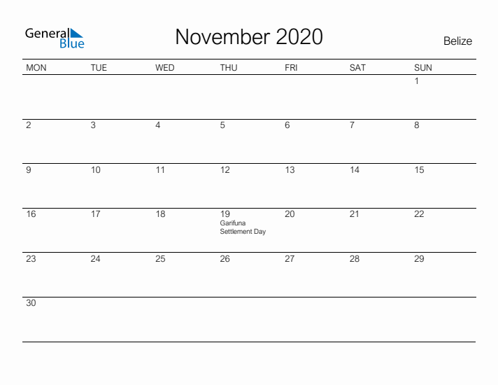 Printable November 2020 Calendar for Belize