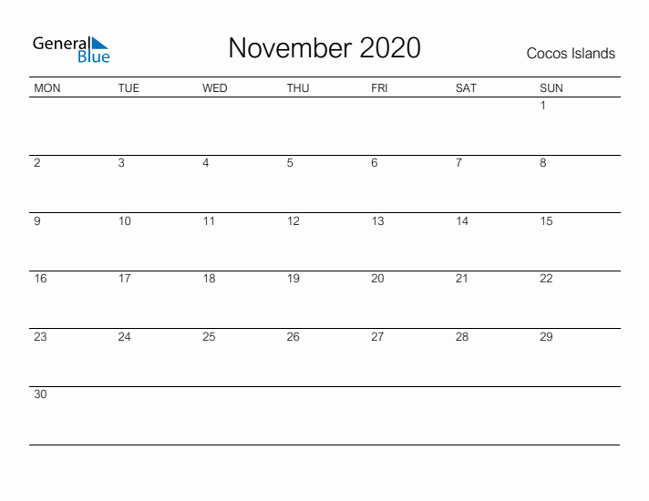 Printable November 2020 Calendar for Cocos Islands