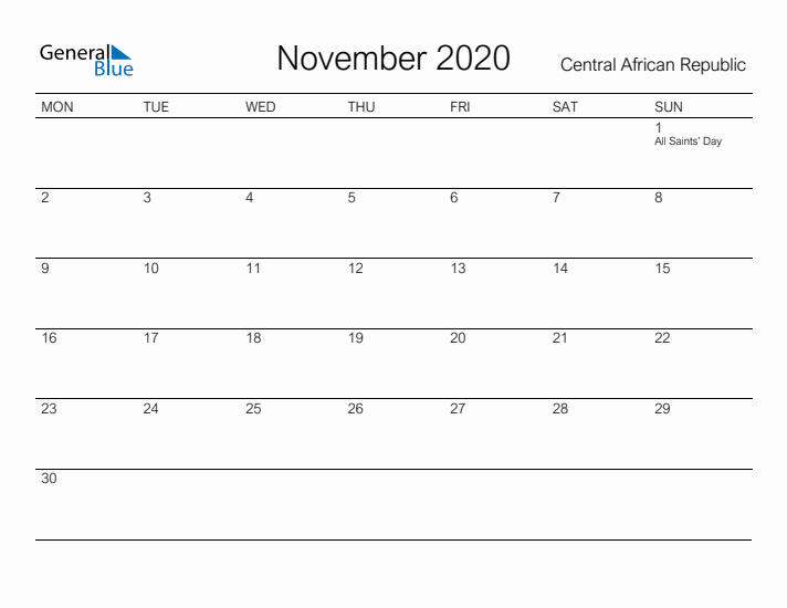 Printable November 2020 Calendar for Central African Republic
